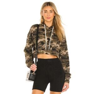 The Hour Jane Crop Hoodie Sweatshirt M Camouflage Drawstring Raw Cut Hem NWT